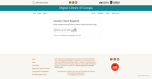 Security scan screenshot of https://dlg.usg.edu/records?f%5Bcounties_facet%5D%5B%5D=Brantley&only_path=true