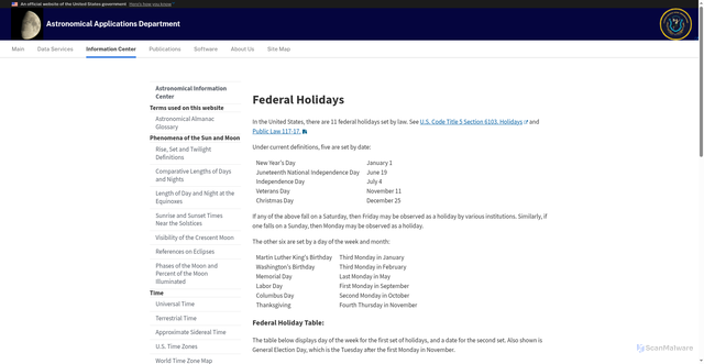 Security scan screenshot of https://aa.usno.navy.mil/faq/holidays