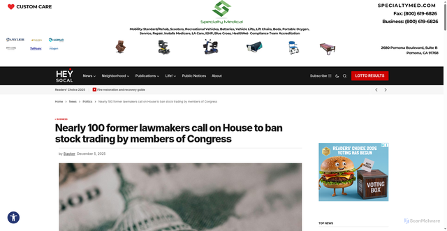 Security scan screenshot of https://heysocal.com/2025/12/05/nearly-100-former-lawmakers-call-on-house-to-ban-stock-trading-by-members-of-congress/