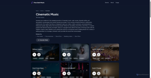 Security scan screenshot of https://freesafemusic.pages.dev/genres/cinematic/