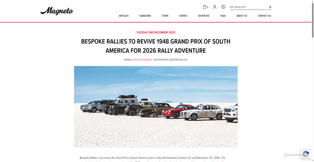 Security scan screenshot of https://www.magnetomagazine.com/articles/bespoke-rallies-to-revive-1948-grand-prix-of-south-america-for-2026-rally-adventure/