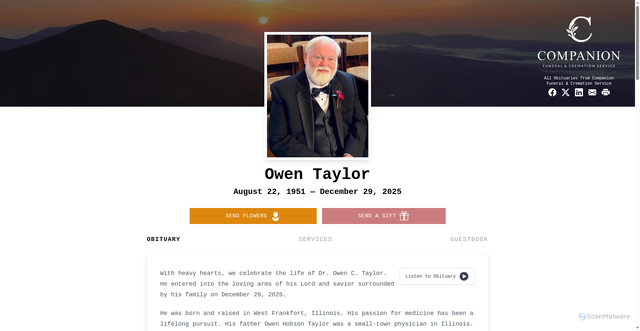 Security scan screenshot of https://obituary.companionfunerals.com/owen-taylor