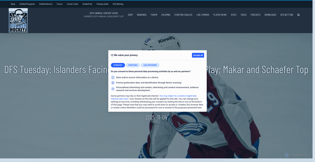 Security scan screenshot of https://dobberhockey.com/2025/11/04/dfs-tuesday-islanders-facing-lowly-bruins-wild-power-play-makar-and-schaefer-top-defensemen/