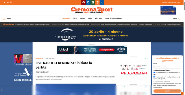 Security scan screenshot of https://cremonasport.it/2026/04/24/live-napoli-cremonese-iniziata-la-partita/