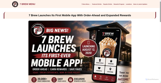 Security scan screenshot of https://7thbrewmenus.com/7-brew-mobile-app-launch/