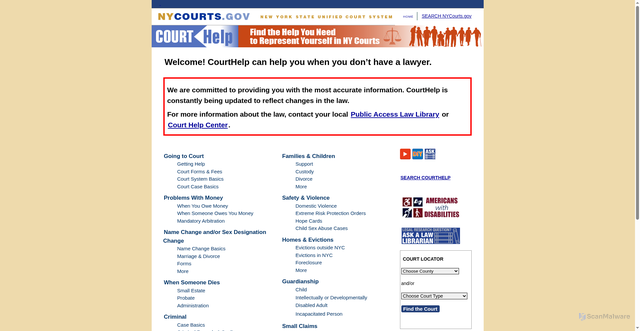 Security scan screenshot of https://nycourts.gov/courthelp/