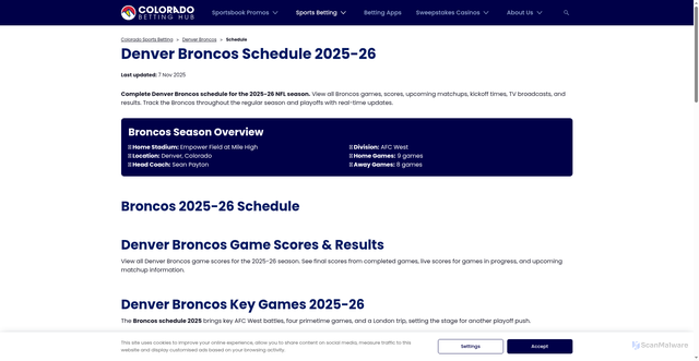 Security scan screenshot of https://www.coloradobettinghub.com/sports/nfl/denver-broncos/schedule/