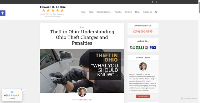 Security scan screenshot of https://www.edwardrlarue.com/criminal-content/theft/theft-ohio-know/