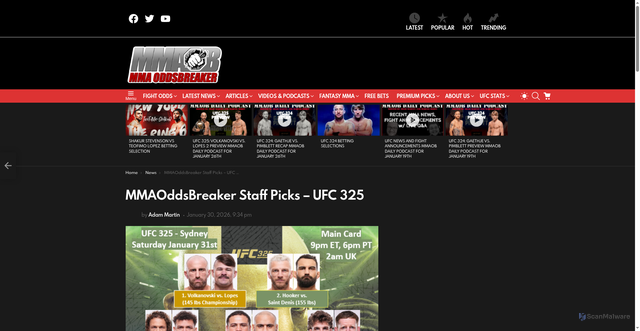 Security scan screenshot of https://www.mmaoddsbreaker.com/news/160940-mmaoddsbreaker-staff-picks-ufc-325/