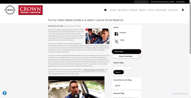 Security scan screenshot of https://www.crownnissanofdecatur.com/blog/2015/june/13/funny-video-blake-shelton-adam-levine-drive-maxima.htm?srsltid=AU7gw4Uk1De8PW2Tx89AaEbQeUqZHq2T5LA1ifasJKrisSGgV3mFNim6