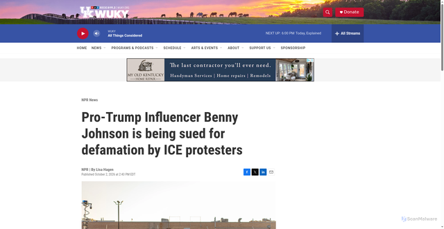 Security scan screenshot of https://www.wuky.org/npr-news/2026-10-02/pro-trump-influencer-benny-johnson-is-being-sued-for-defamation-by-ice-protesters