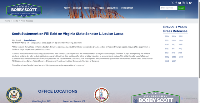 Security scan screenshot of http://bobbyscott.house.gov/media-center/press-releases/scott-statement-fbi-raid-virginia-state-senator-l-louise-lucas