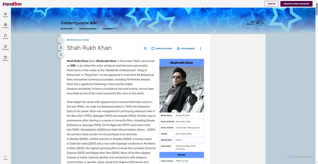Security scan screenshot of https://celebrityverse.fandom.com/wiki/Shah_Rukh_Khan