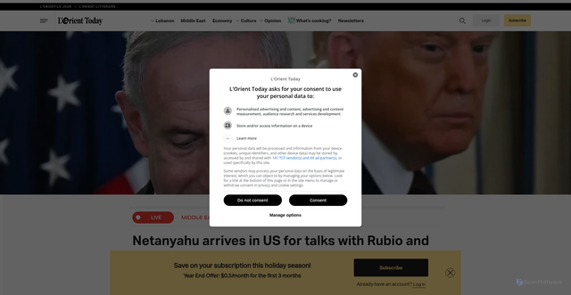 Security scan screenshot of https://today.lorientlejour.com/article/1489786/netanyahu-arrives-in-us-for-talks-with-rubio-and-then-trump-live-.html