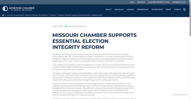Security scan screenshot of https://mochamber.com/news-archive/missouri-chamber-supports-essential-election-integrity-reform/