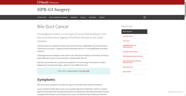 Security scan screenshot of https://hpbgisurgery.wustl.edu/patient-care/bile-duct-cancer/
