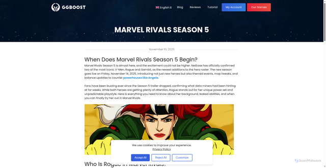 Security scan screenshot of https://ggboost.com/blog/post/rogue-joins-marvel-rivals