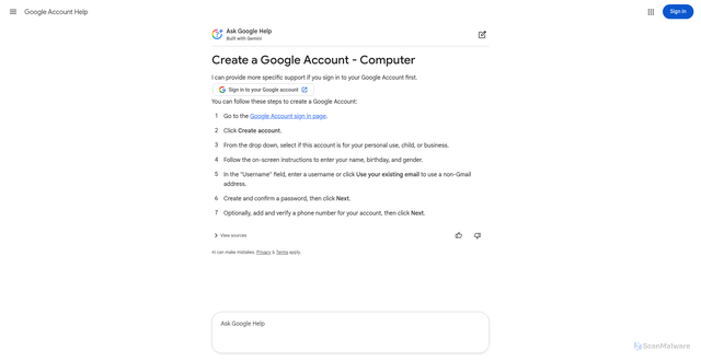 Security scan screenshot of https://support.google.com/accounts/answer/27441