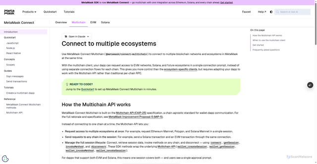Security scan screenshot of https://metamask-docs-p13jojaa8-consensys-ddffed67.vercel.app/metamask-connect/multichain