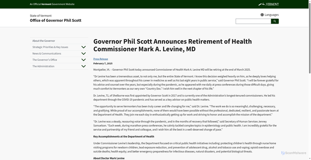 Security scan screenshot of https://governor.vermont.gov/press-release/governor-phil-scott-announces-retirement-health-commissioner-mark-levine-md