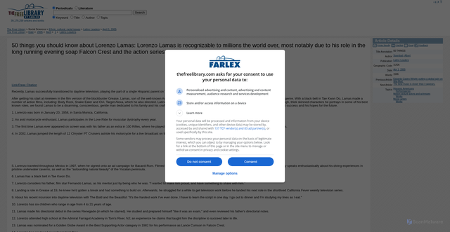Security scan screenshot of https://www.thefreelibrary.com/50+things+you+should+know+about+Lorenzo+Lamas%3A+Lorenzo+Lamas+is...-a0132052700