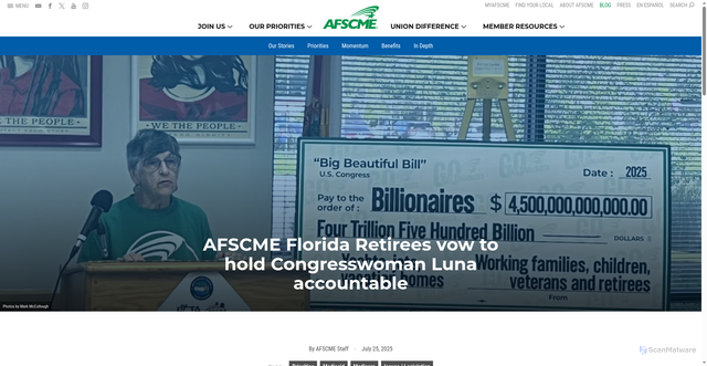 Security scan screenshot of https://afscme.org/blog/afscme-florida-retirees-vow-to-hold-congresswoman-luna-accountable/