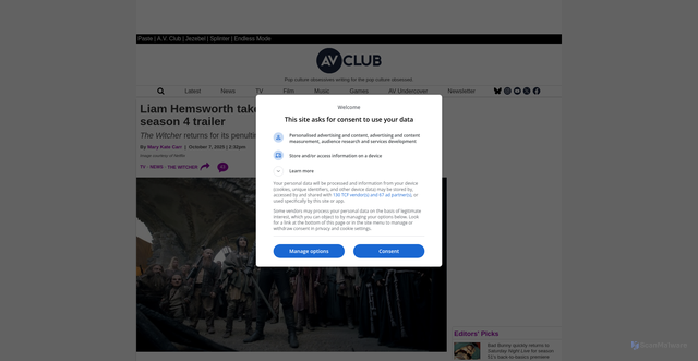Security scan screenshot of https://www.avclub.com/the-witcher-season-4-trailer-liam-hemsworth