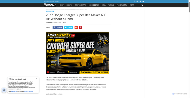 Security scan screenshot of https://my.prostreetonline.com/2026/08/07/2027-dodge-charger-super-bee-600-hp/