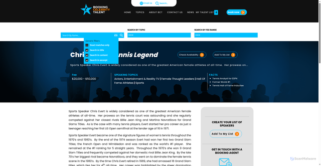 Security scan screenshot of https://celebrityspeakersbureau.com/talent/chris-evert/