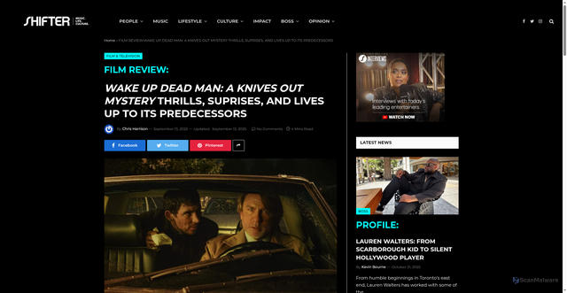 Security scan screenshot of https://shiftermagazine.com/film-and-tv/wake-up-dead-man-a-knives-out-mystery-review