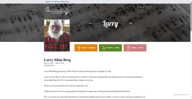 Security scan screenshot of https://www.snydergrandvalleymemorials.com/obituaries/larry-berg