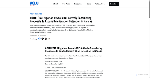 Security scan screenshot of https://www.aclukansas.org/press-releases/aclu-foia-litigation-reveals-ice-actively-considering-proposals-expand-immigration/