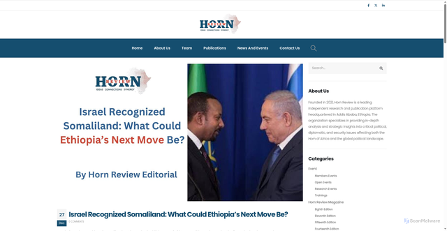 Security scan screenshot of https://hornreview.org/2025/12/27/israel-recognized-somaliland-what-could-ethiopias-next-move-be/