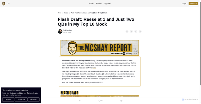 Security scan screenshot of https://mcshay-report.beehiiv.com/p/flash-draft-reese-at-1-and-just-two-qbs-in-my-top-16-mock