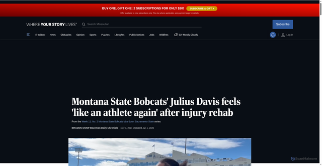 Security scan screenshot of https://missoulian.com/sports/college/big-sky-conference/montana-state-university/montana-state-bobcats-julius-davis-feels-like-an-athlete-again-after-injury-rehab/article_8923453b-a9c6-512e-9669-c61a5678240a.html
