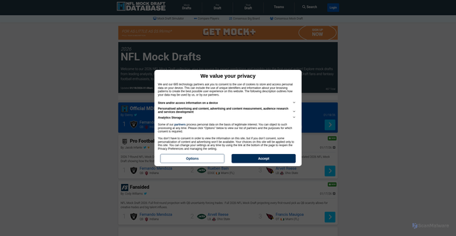 Security scan screenshot of https://www.nflmockdraftdatabase.com