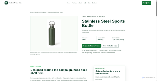 Security scan screenshot of https://custompromohub.pages.dev/products/stainless-steel-sports-bottle/