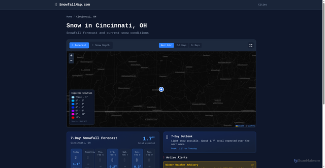 Security scan screenshot of https://snowfallmap.com/snow-in/cincinnati-oh