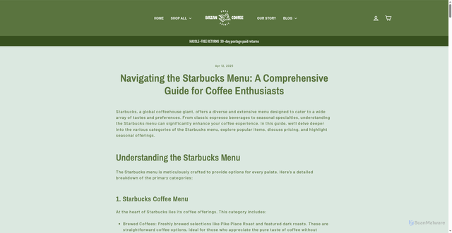 Security scan screenshot of https://bazancoffee.com/blogs/news/starbucks-menu?srsltid=AfmBOoqYdwx_NGsHvy4vHMD9Vi9q0o1K0ugDny3eFZtcfUBlei8K8GsJ