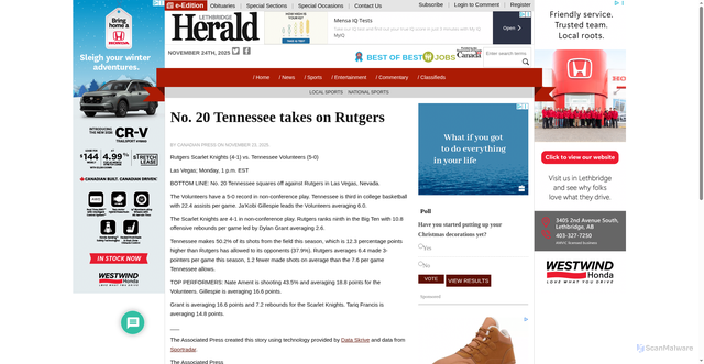 Security scan screenshot of https://lethbridgeherald.com/sports/national-sports/2025/11/23/no-20-tennessee-takes-on-rutgers/