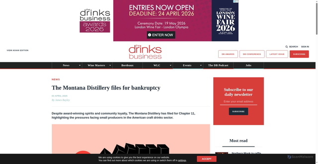 Security scan screenshot of https://www.thedrinksbusiness.com/2025/04/the-montana-distillery-files-for-bankruptcy/