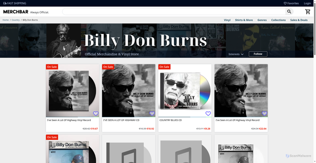 Security scan screenshot of https://www.merchbar.com/country-americana/billy-don-burns?srsltid=AfmBOorFT2Jh848iqcF4s7Wy1chJc4w75ZssR0HW4MpM6aX6_dCiBSgx