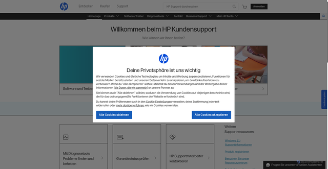 Security scan screenshot of https://support.hp.com
