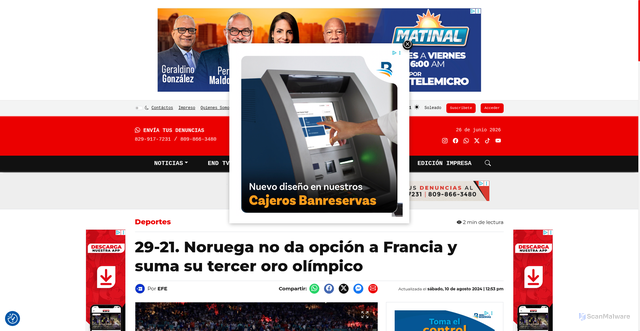 Security scan screenshot of https://elnuevodiario.com.do/29-21-noruega-no-da-opcion-a-francia-y-suma-su-tercer-oro-olimpico/