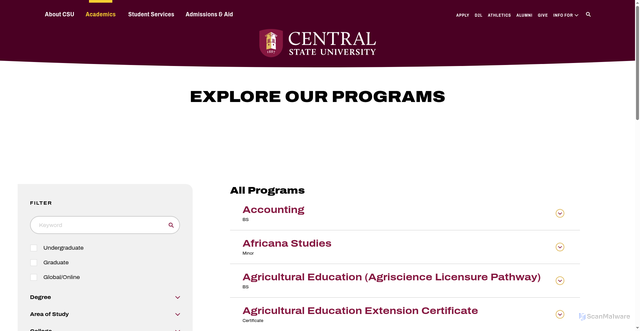 Security scan screenshot of https://www.centralstate.edu/academics/explore-our-programs