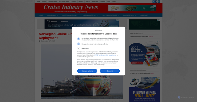 Security scan screenshot of https://cruiseindustrynews.com/cruise-news/2025/12/norwegian-cruise-line-announces-2027-28-deployment/