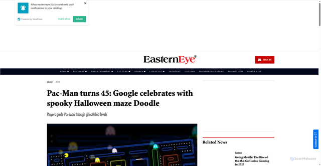 Security scan screenshot of https://www.easterneye.biz/google-pac-man-spooky-halloween/