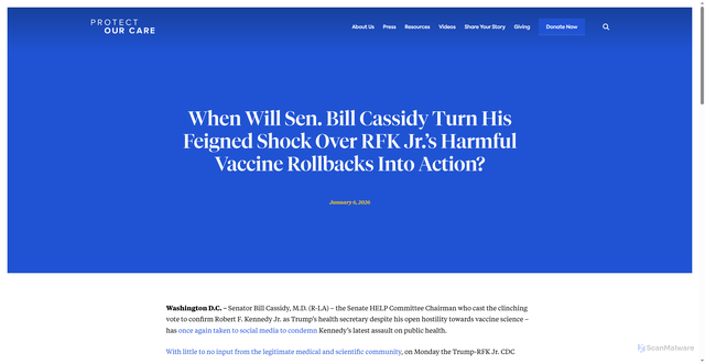 Security scan screenshot of https://www.protectourcare.org/when-will-sen-bill-cassidy-turn-his-feigned-shock-over-rfk-jr-s-harmful-vaccine-rollbacks-into-action/
