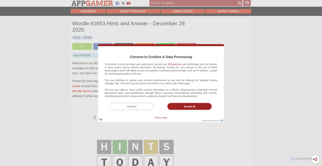 Security scan screenshot of https://www.appgamer.com/wordle-1653-hints-answer-december-28-2025