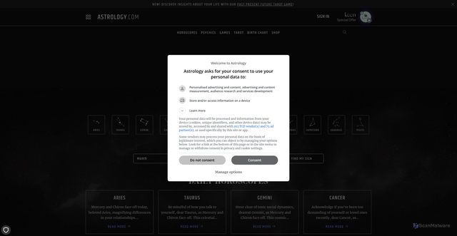 Security scan screenshot of https://www.astrology.com/horoscope/daily.html